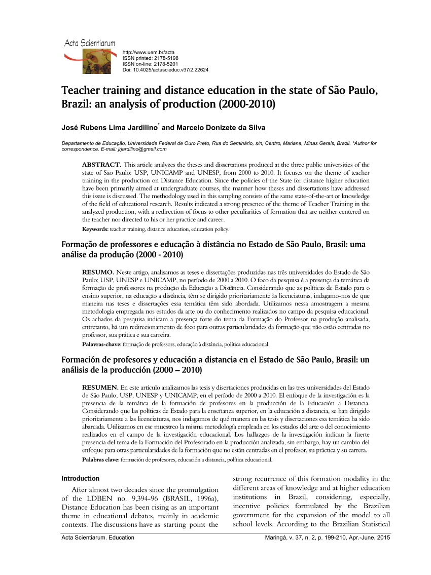 Pdf Teacher Training And Distance Education In The State Of Sao Paulo Brazil An Analysis Of Production 00 10