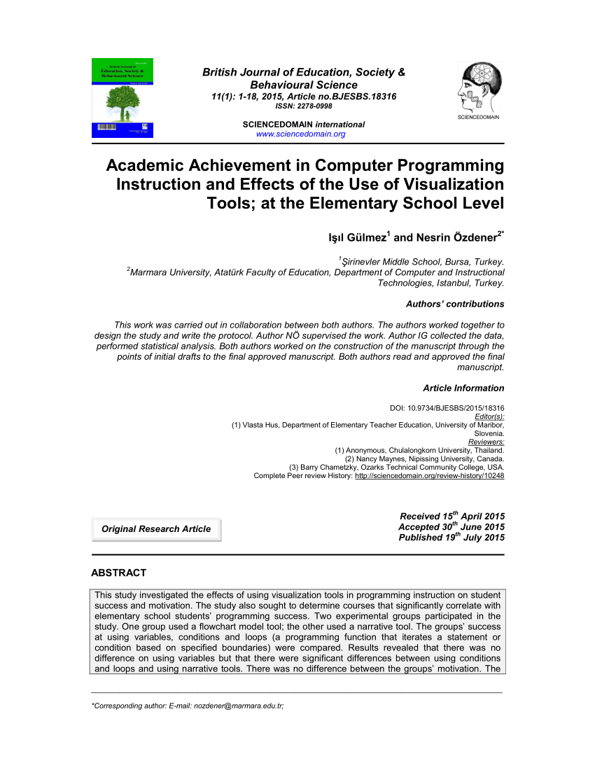 Pdf Academic Achievement In Computer Programming Instruction And Effects Of The Use Of Visualization Tools At The Elementary School Level