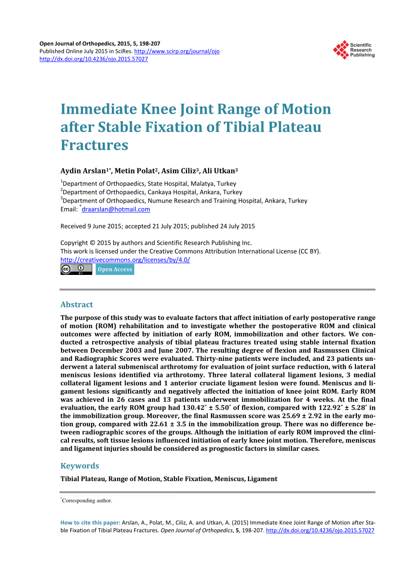 Pdf Immediate Knee Joint Range Of Motion After Stable Fixation Of Tibial Plateau Fractures