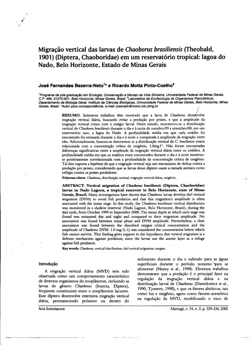PDF) Diel vertical migration of the copepod Thermocyclops inversus (Kiefer,  1936) in a tropical reservoir: The role of oxygen and the spatial overlap  with Chaoborus