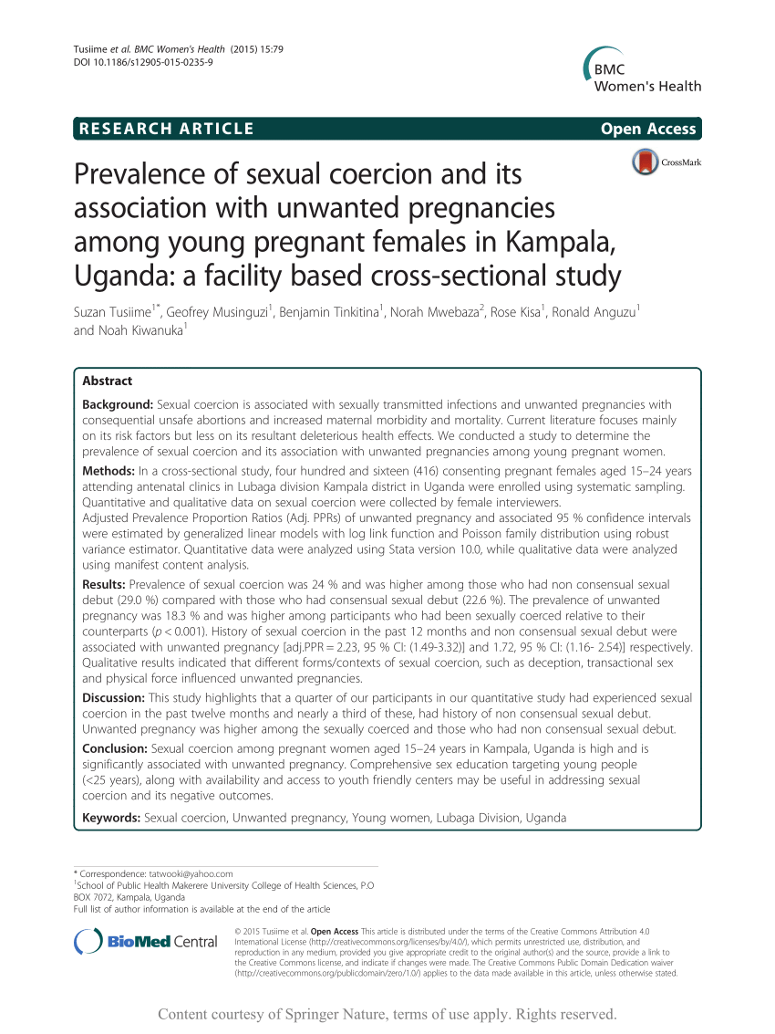 PDF) Prevalence of sexual coercion and its association with unwanted  pregnancies among young pregnant females in Kampala, Uganda: A facility  based cross-sectional study