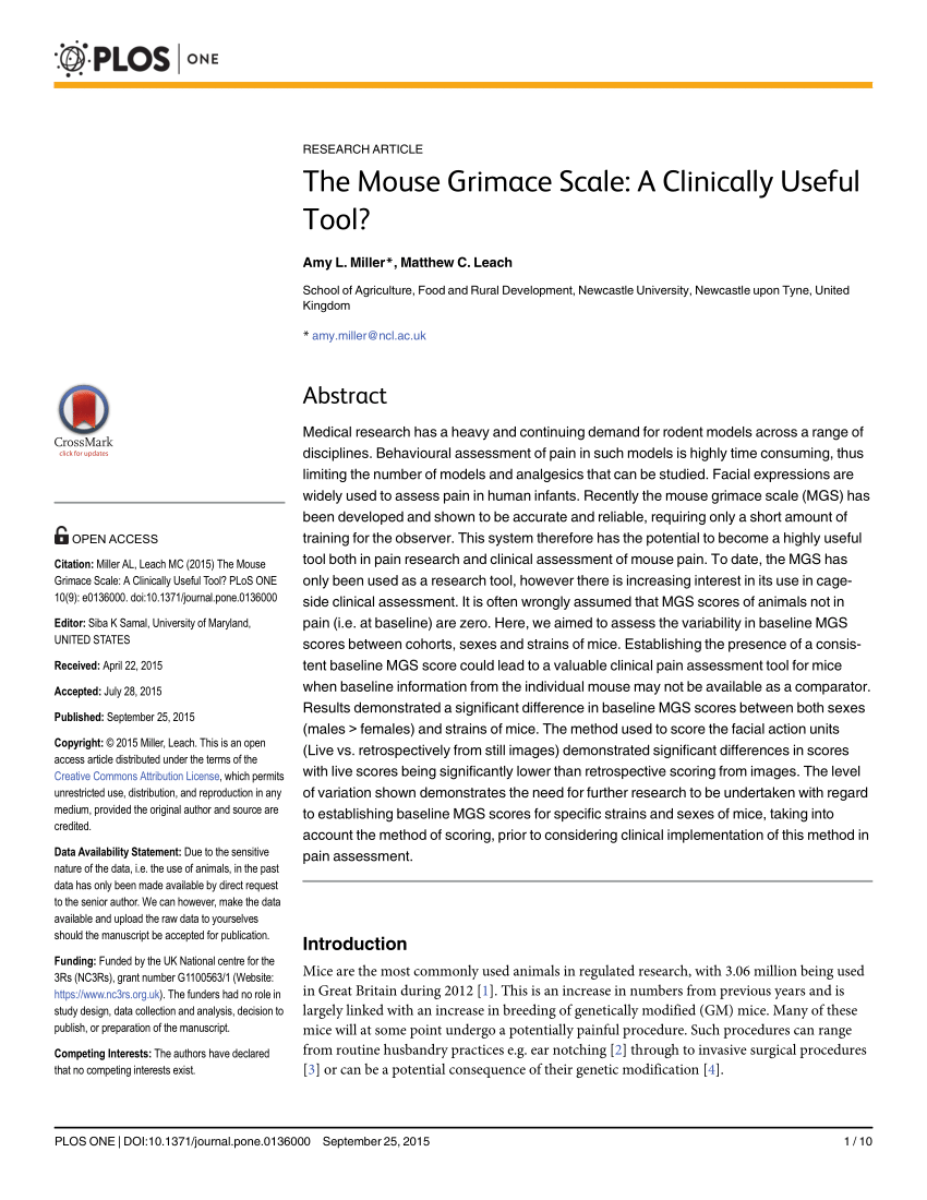 Pdf The Mouse Grimace Scale A Clinically Useful Tool