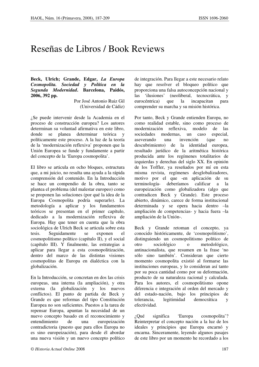 PDF) Beck, Ulrich; Grande, Edgar, La Europa Cosmopolita. Sociedad y  Política en la Segunda Modernidad. Barcelona, Paidós, 2006, 392 pp.