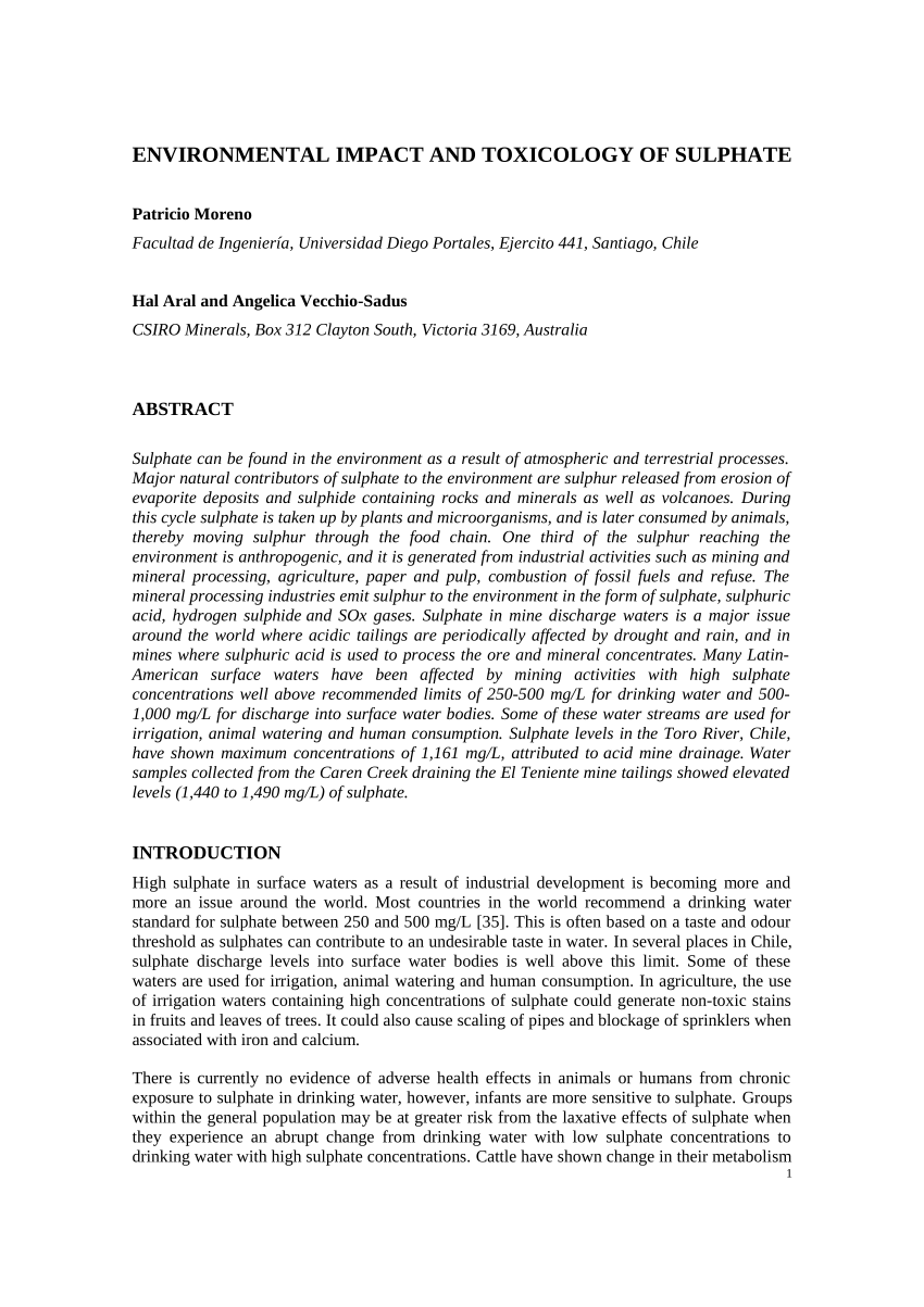 Pdf Environmental Impact And Toxicology Of Sulphate