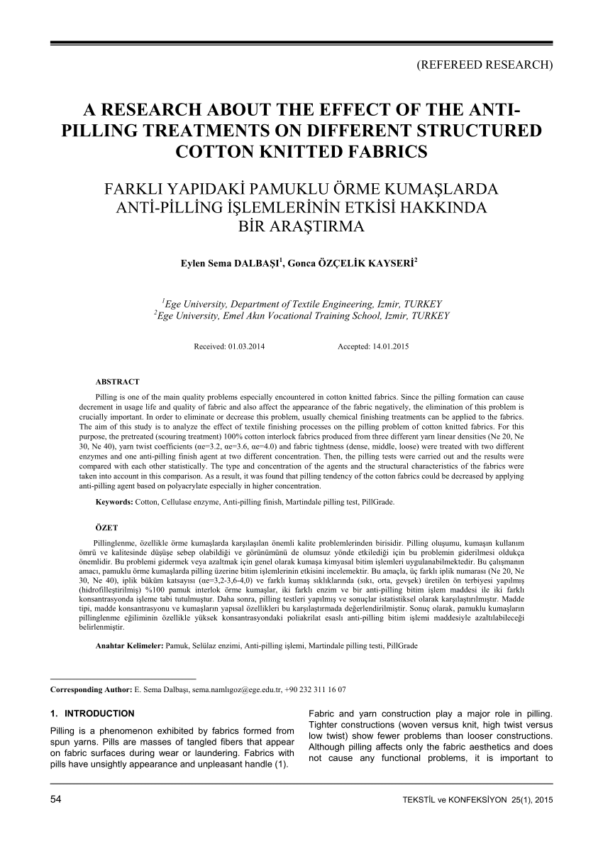 Pdf A Research About The Effect Of The Anti Pilling Treatments On Different Structured Cotton Knitted Fabrics