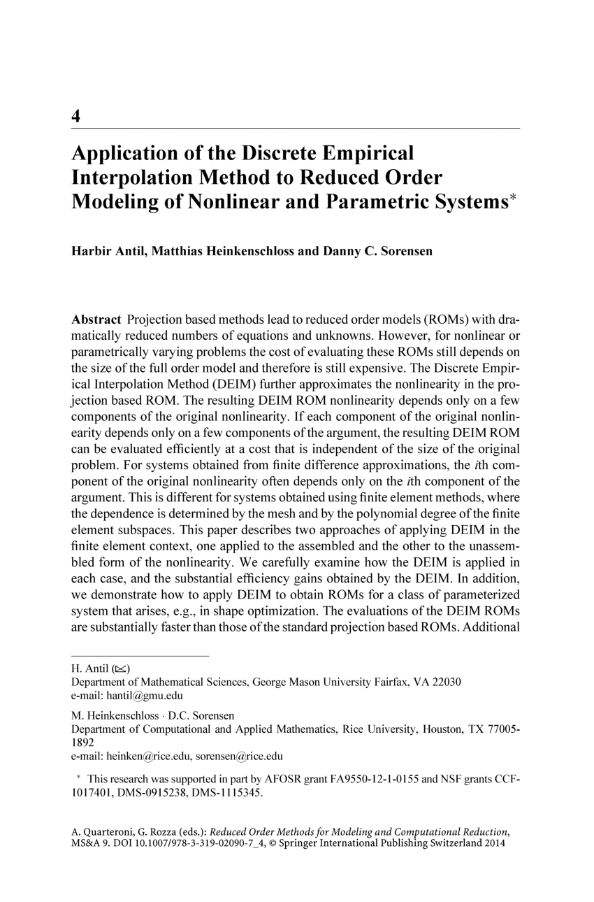 Pdf Application Of The Discrete Empirical Interpolation Method To Reduced Order Modeling Of Nonlinear And Parametric Systems