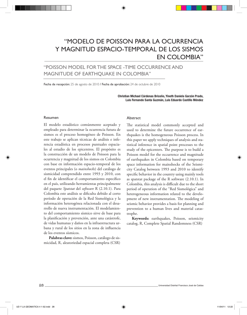 PDF) Modelo de Poisson para la ocurrencia y magnitud espacio-temporal de  los sismos en Colombia