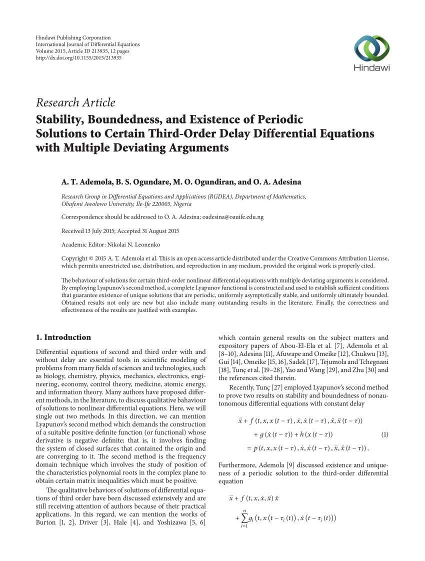 Pdf Stability Boundedness And Existence Of Periodic Solutions To Certain Third Order Delay Differential Equations With Multiple Deviating Arguments