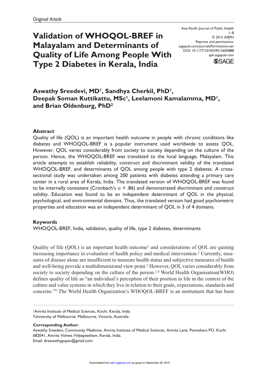 Pdf Validation Of Whoqol Bref In Malayalam And Determinants Of