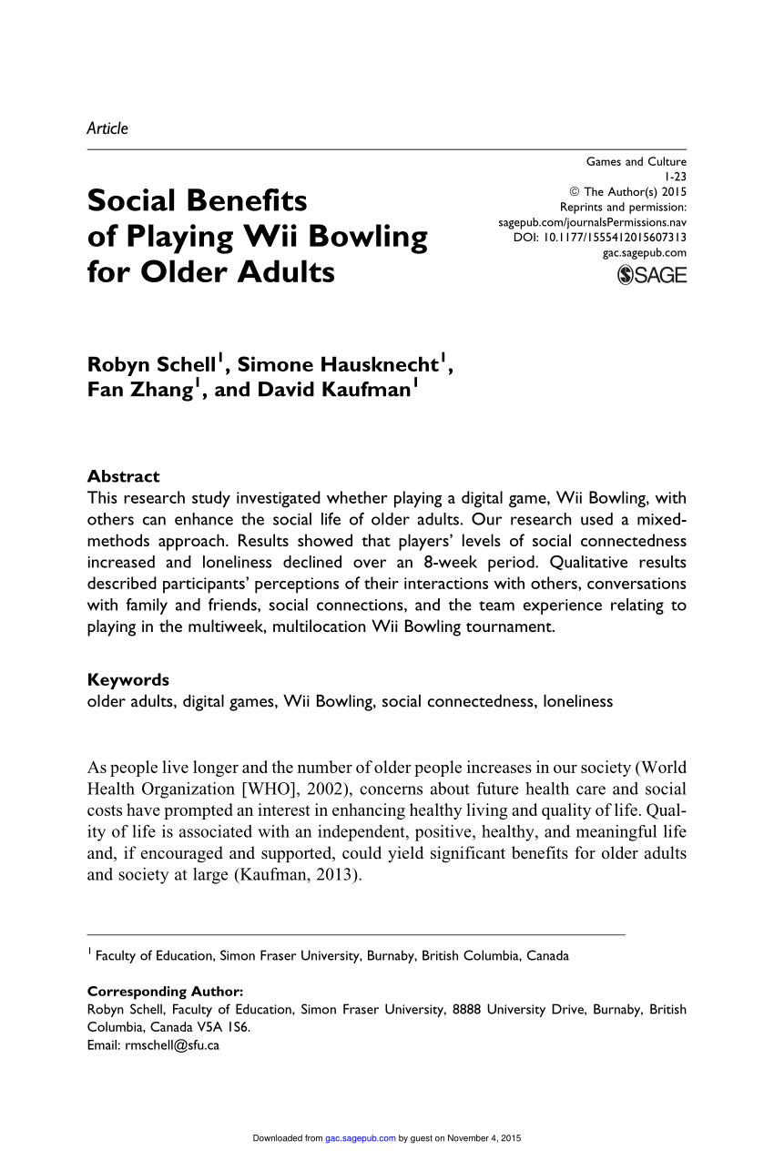 PDF) Social Benefits of Playing Wii Bowling for Older Adults