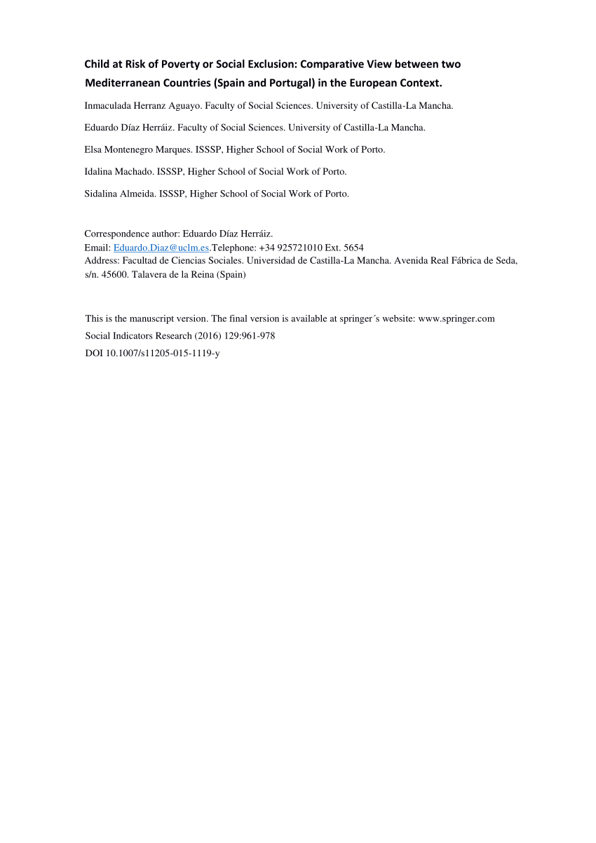 Pdf Child At Risk Of Poverty Or Social Exclusion Comparative View Between Spain And Portugal In The European Context