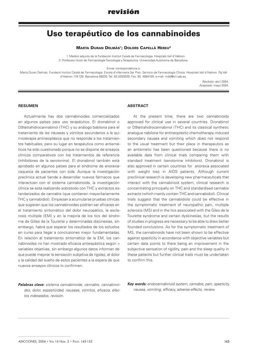 Pdf Uso Terapeutico De Los Cannabinoides