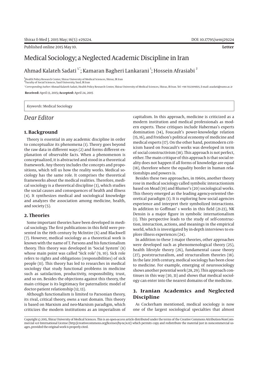 PDF) Medical Sociology; a Neglected Academic Discipline in Iran