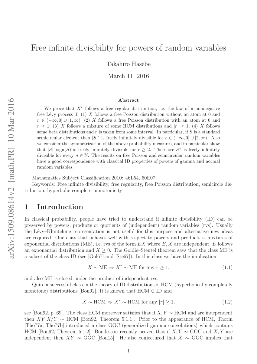 PDF) Free infinite divisibility for powers of random variables