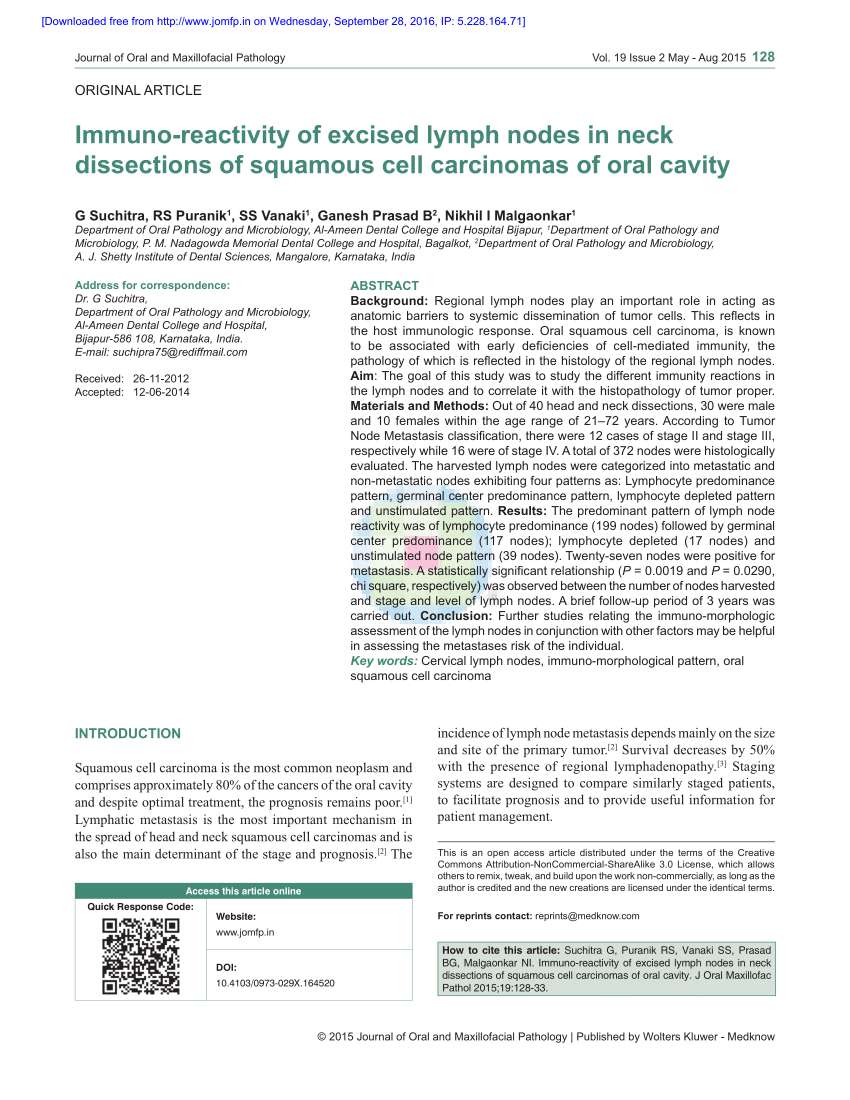 Pdf Immuno Reactivity Of Excised Lymph Nodes In Neck Dissections Of