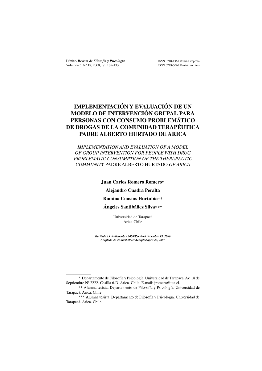 PDF) Implantación y evaluación de un modelo de intervención grupal para  personas con consumo problemático de drogas de la comunidad terapéutica  Padre Alberto Hurtado de Arica