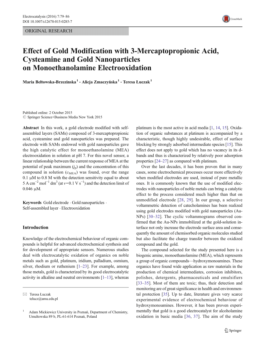 Pdf Effect Of Gold Modification With 3 Mercaptopropionic Acid Cysteamine And Gold Nanoparticles On Monoethanolamine Electrooxidation