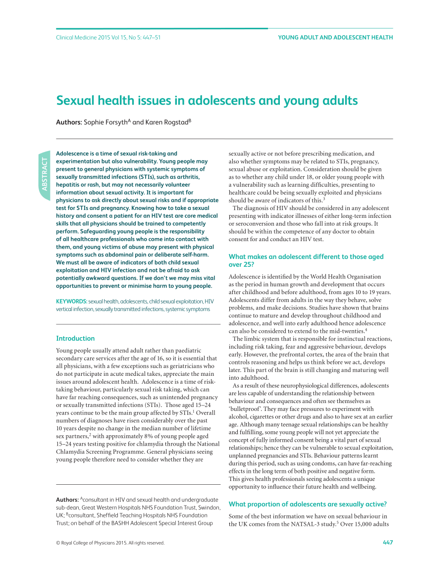 PDF Sexual health issues in adolescents and young adults