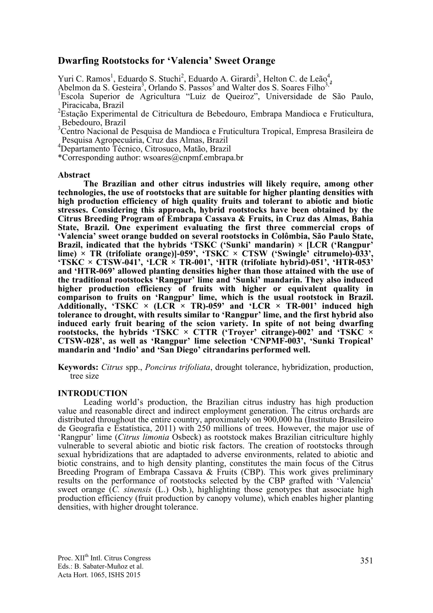 PDF) DWARFING ROOTSTOCKS FOR 'VALENCIA' SWEET ORANGE