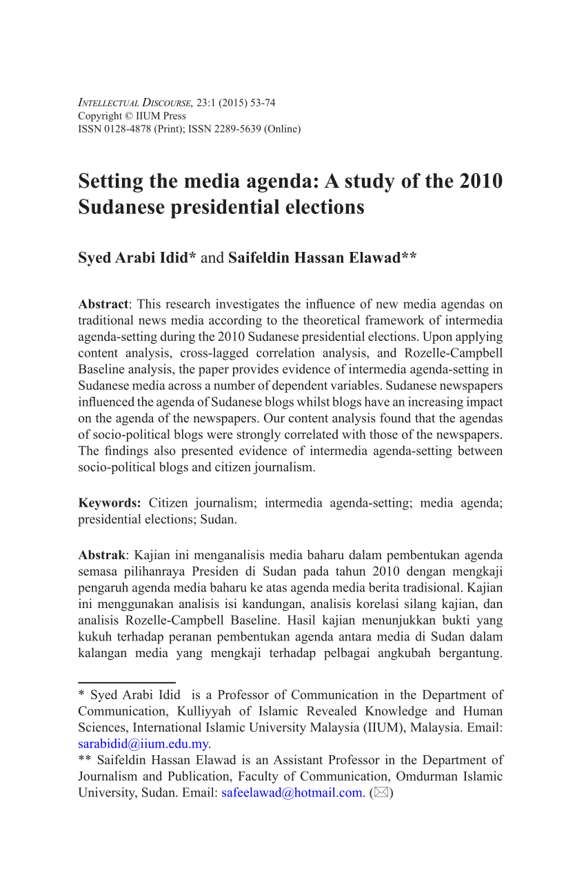 Pdf) Setting The Media Agenda: A Study Of The 2010 Sudanese Presidential Elections