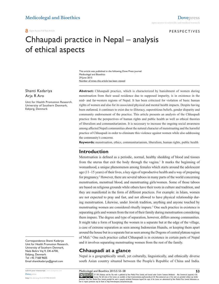 Pdf Chhaupadi Practice In Nepal Analysis Of Ethical Aspects