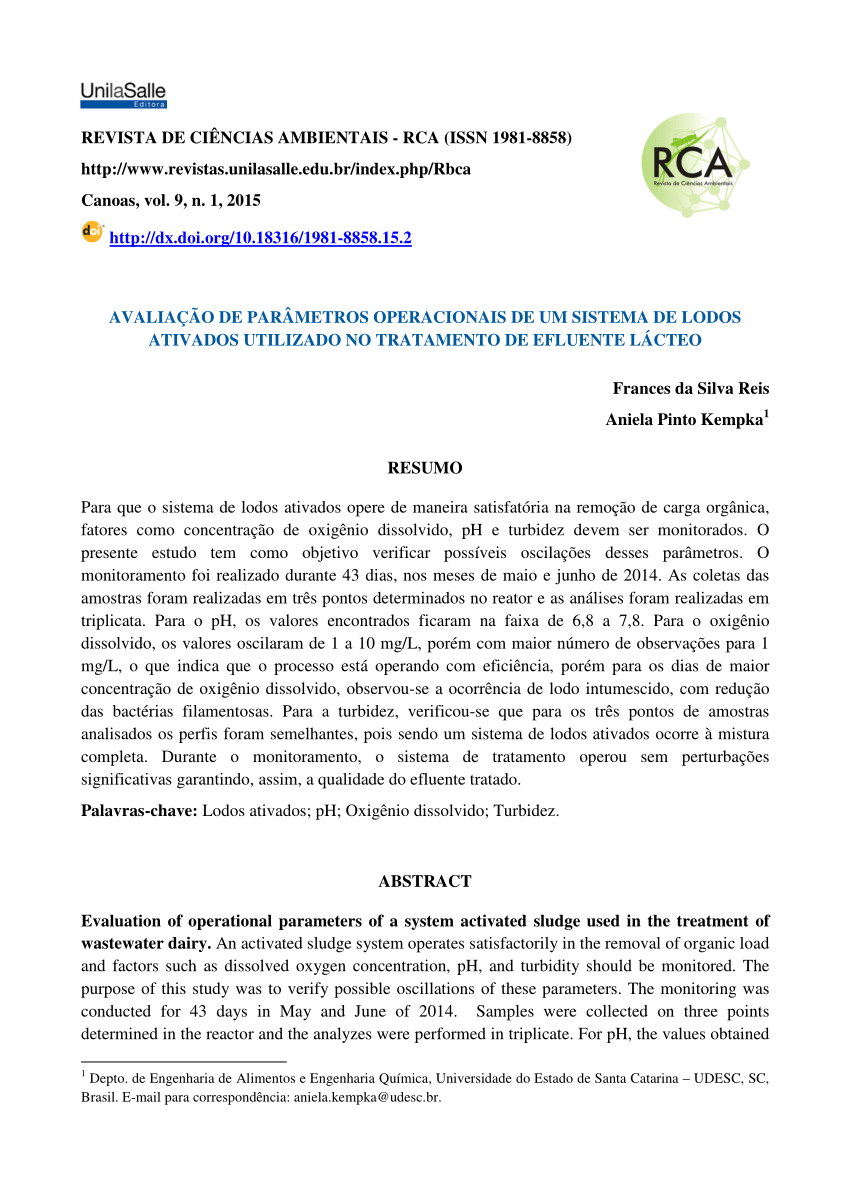 Pdf AvaliaÇÃo De ParÂmetros Operacionais De Um Sistema De Lodos Ativados Utilizado No 3746