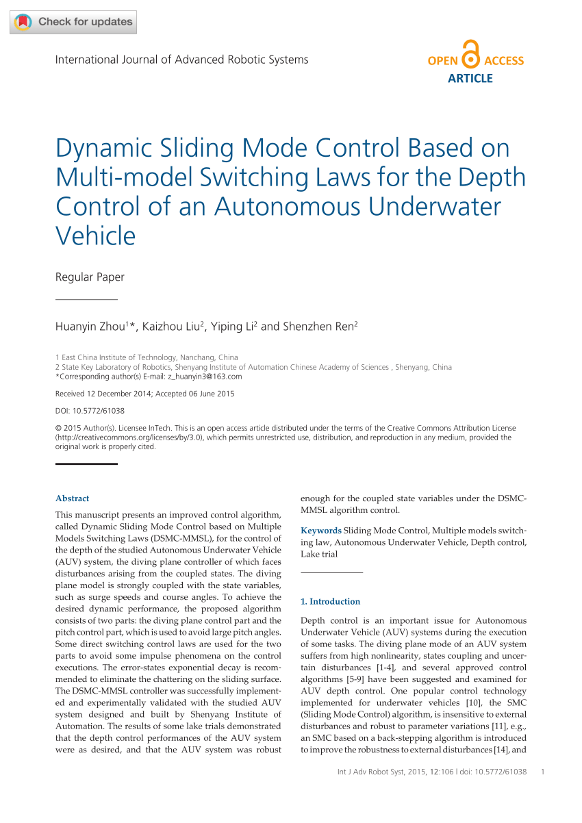 Pdf Dynamic Sliding Mode Control Based On Multi Model Switching Laws For The Depth Control Of An Autonomous Underwater Vehicle
