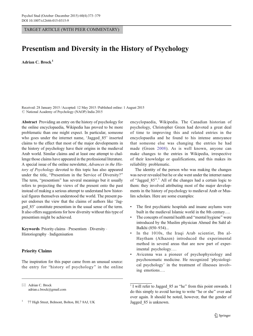 Pdf Presentism And Diversity In The History Of Psychology