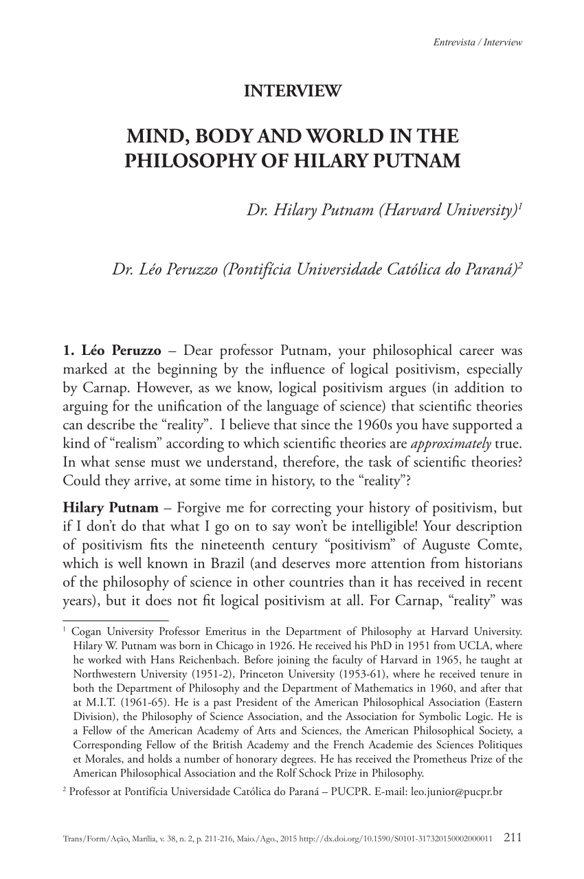 Pdf Mind Body And World In The Philosophy Of Hilary Putnam