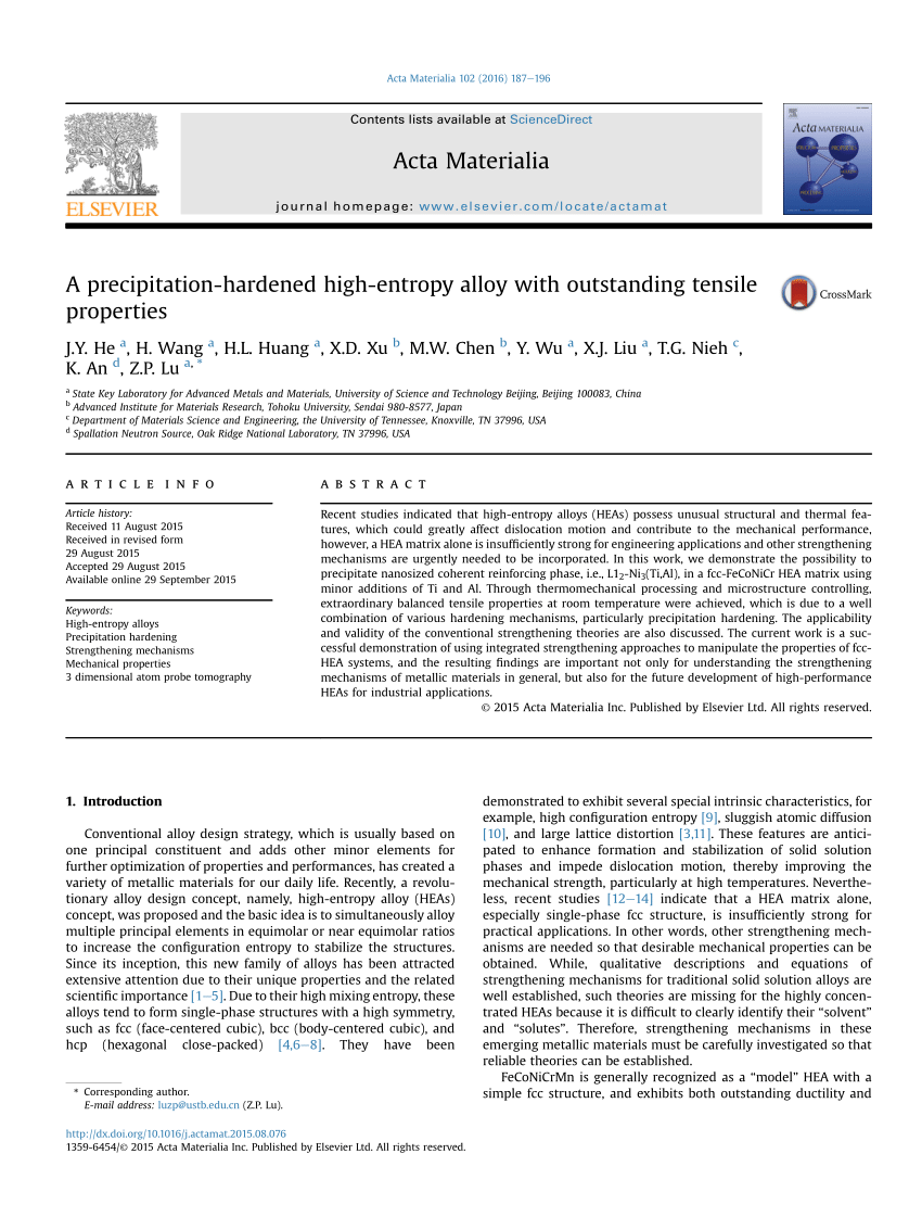 Pdf A Precipitation Hardened High Entropy Alloy With Outstanding Tensile Properties