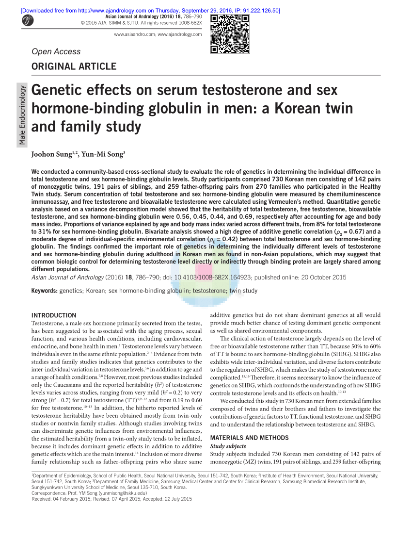 Pdf Genetic Effects On Serum Testosterone And Sex Hormone Binding Globulin In Men A Korean