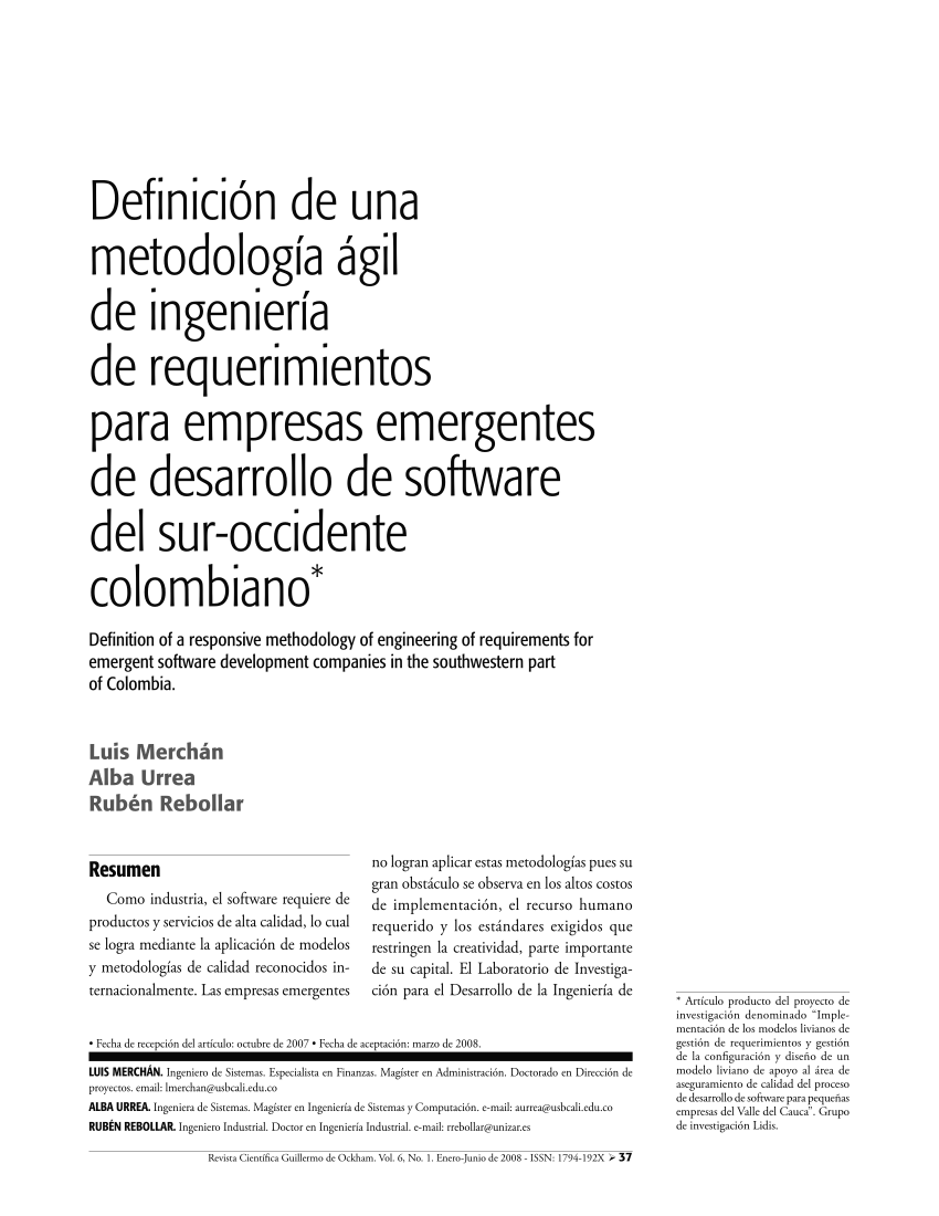 PDF) Definición de una metodología ágil de ingeniería de requerimientos  para empresas emergentes de desarrollo de software del sur-occidente  colombiano