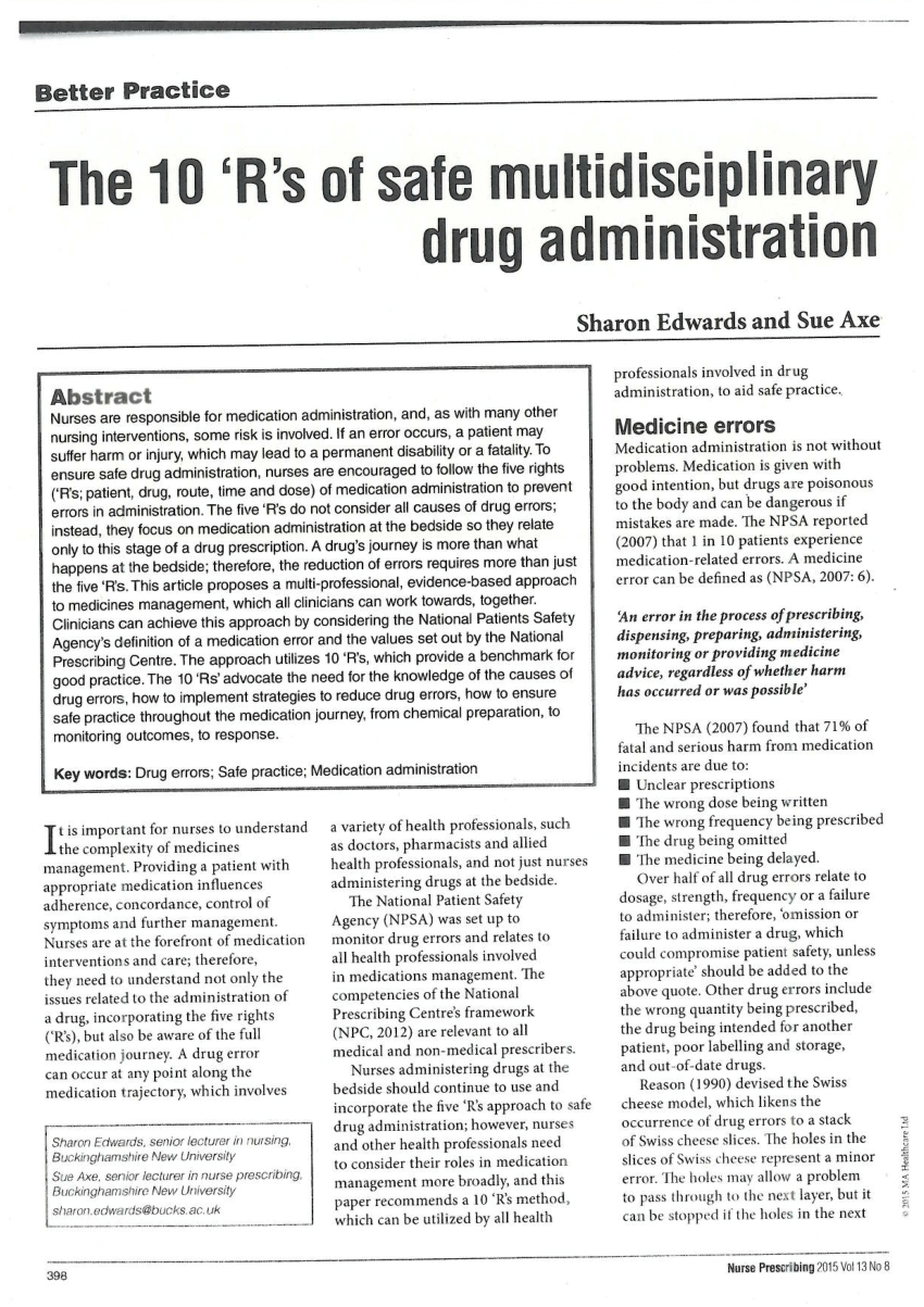 PDF) Effectiveness of double checking to reduce medication administration  errors: a systematic review