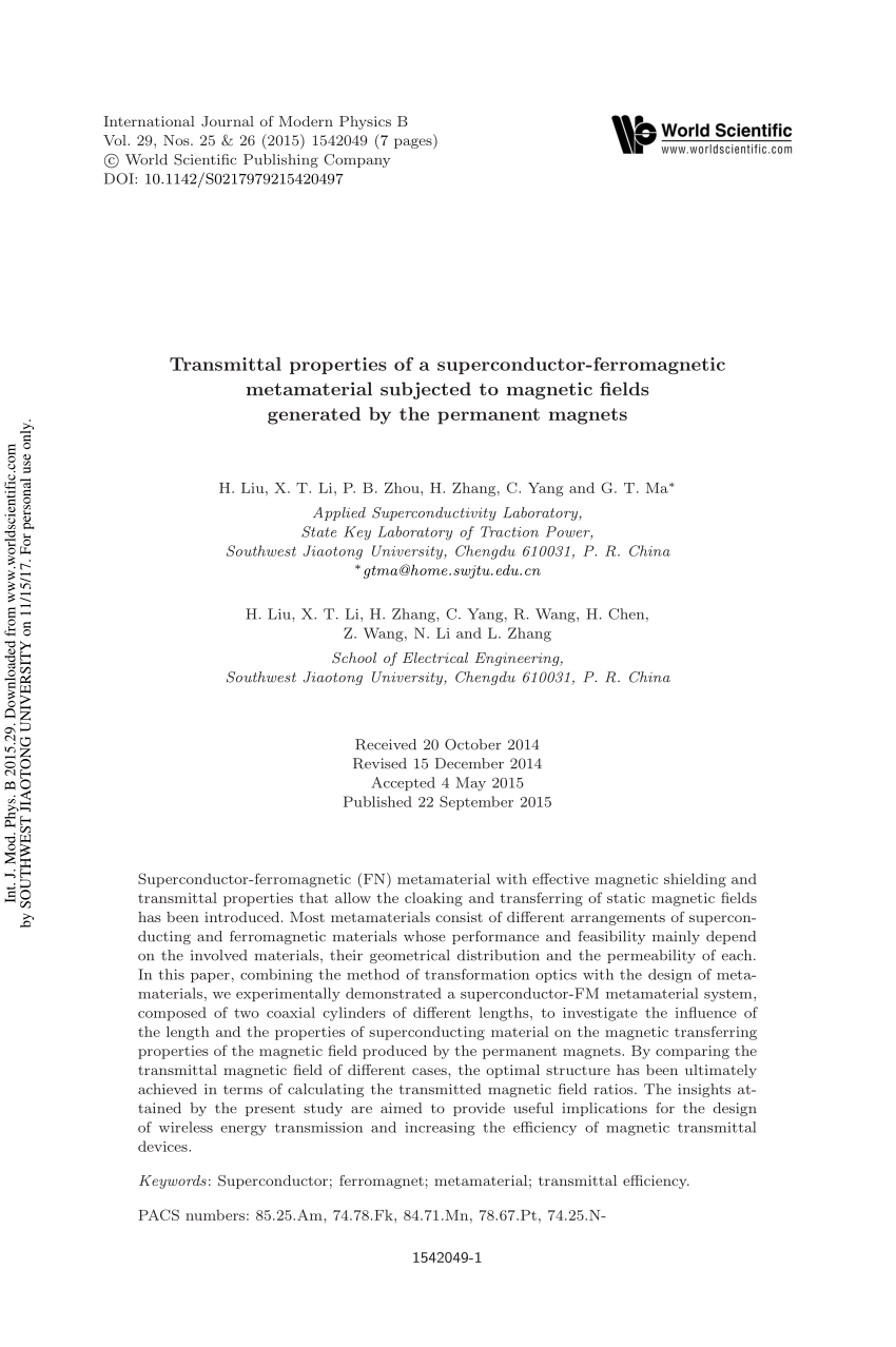 Pdf Transmittal Properties Of A Superconductor Ferromagnetic Metamaterial Subjected To Magnetic Fields Generated By The Permanent Magnets