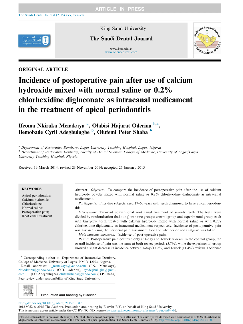 Pdf Incidence Of Postoperative Pain After Use Of Calcium Hydroxide Mixed With Normal Saline Or 0 2 Chlorhexidine Digluconate As Intracanal Medicament In The Treatment Of Apical Periodontitis