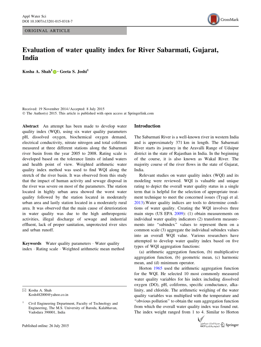 water quality index research paper in india