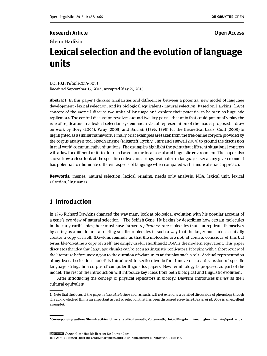 Pdf Lexical Selection And The Evolution Of Language Units