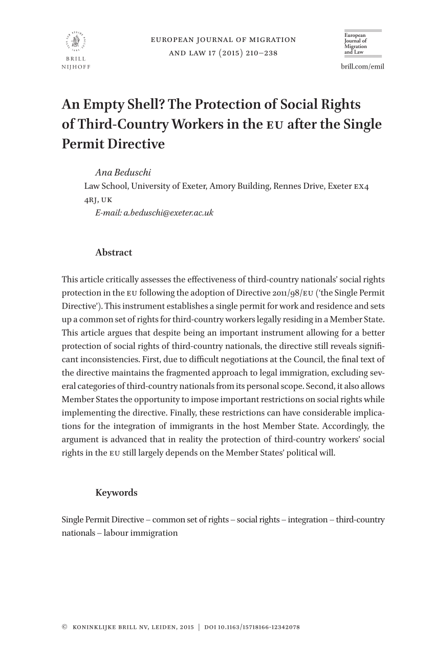 Pdf An Empty Shell The Protection Of Social Rights Of Third Country Workers In The Eu After The Single Permit Directive