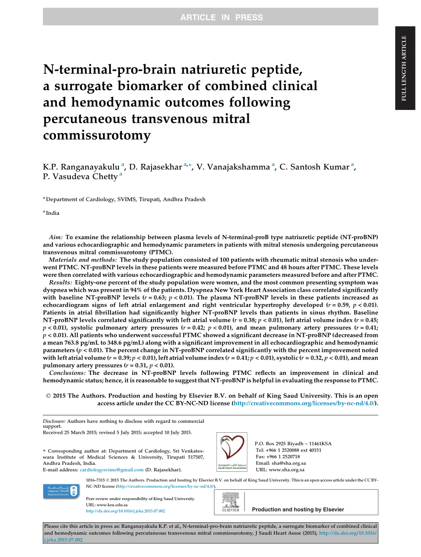 Pdf N Terminal Probnp A Surrogate Biomarker Of Combined Clinical And Hemodynamic Outcomes