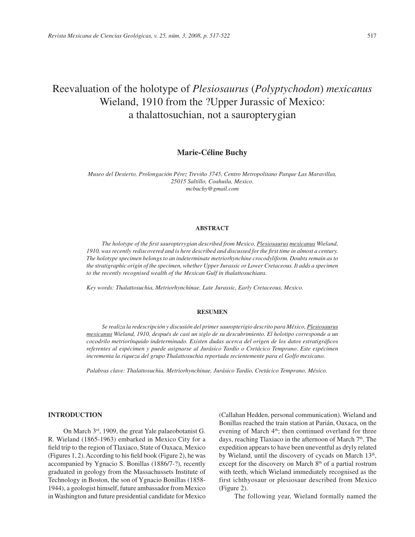 Pdf Reevaluacion Del Holotipo De Plesiosaurus Polyptychodon Mexicanus Wieland 1910 Del Jurasico Superior De Mexico Un Thalalattosuchio Y No Un Sauropterygio