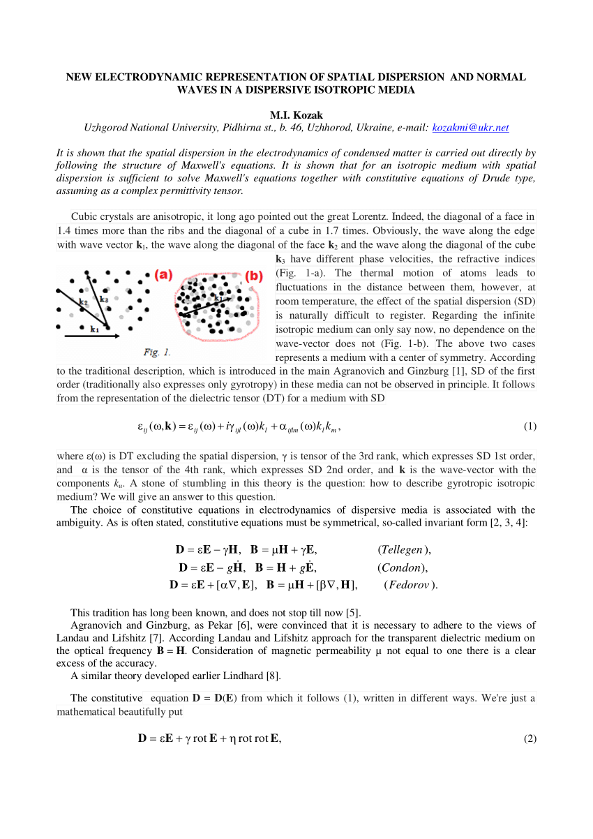 Pdf New Electrodynamic Representation Of Spatial Dispersion And Normal Waves In A Dispersive Isotropic Media