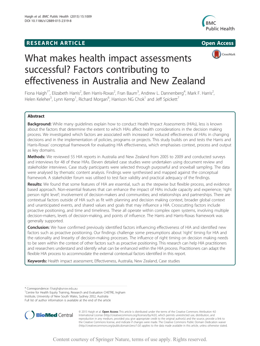 Pdf What Makes Health Impact Assessments Successful Factors Contributing To Effectiveness In Australia And New Zealand