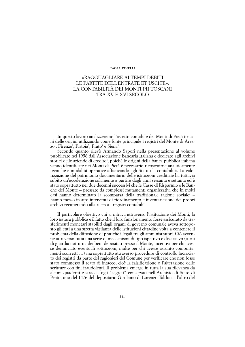 PDF) Ragguagliare ai tempi debiti le partite dell'entrate et uscite: la contabilità  dei Monti Pii toscani fra XV e XVI secolo, in M. G. Muzzarelli, M. Carboni  (a cura di), I conti