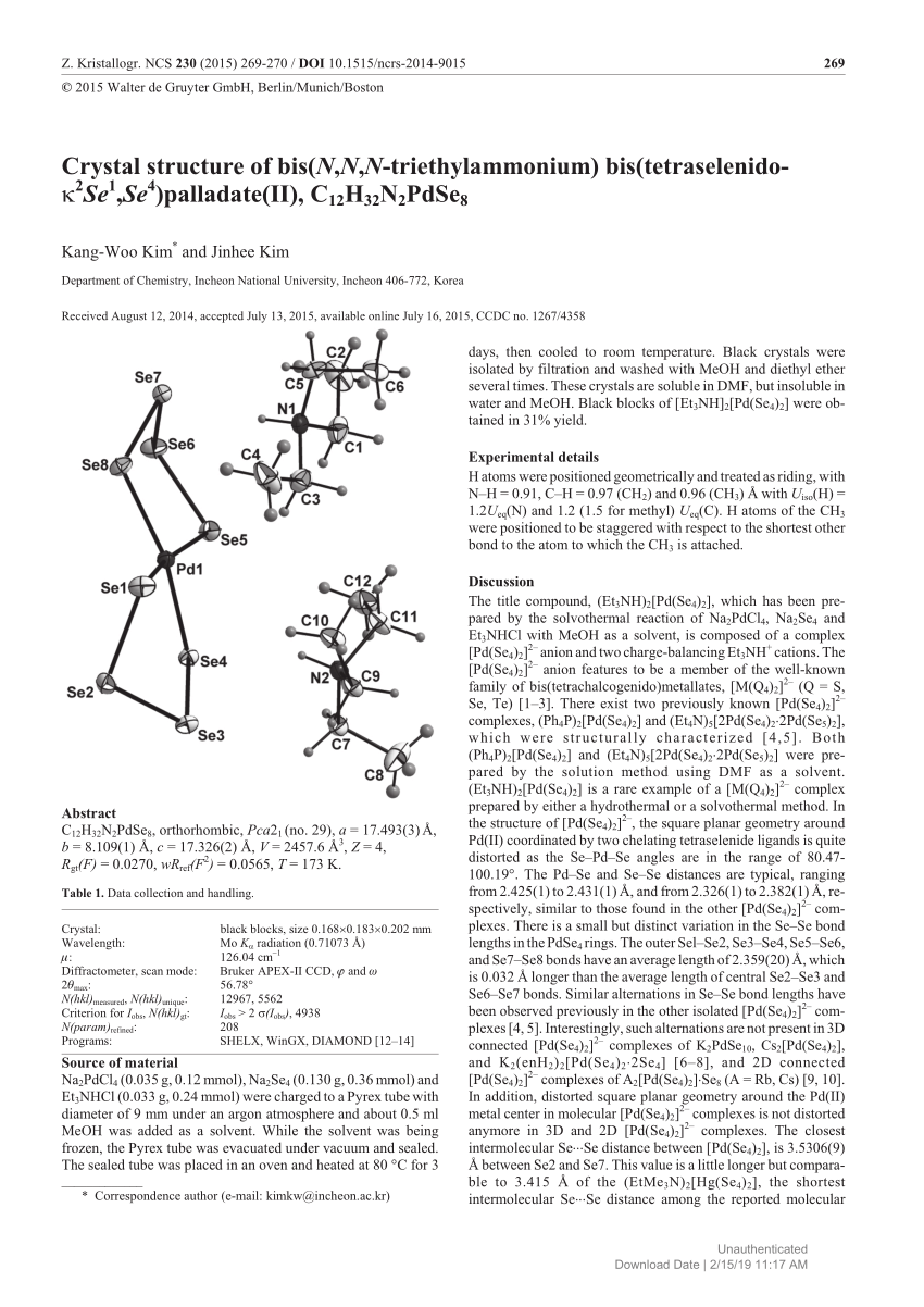 Pdf Crystal Structure Of Bis N N N Triethylammonium Bis Tetraselenidok2se1 Se4 Palladate Ii C12h32n2pdse8