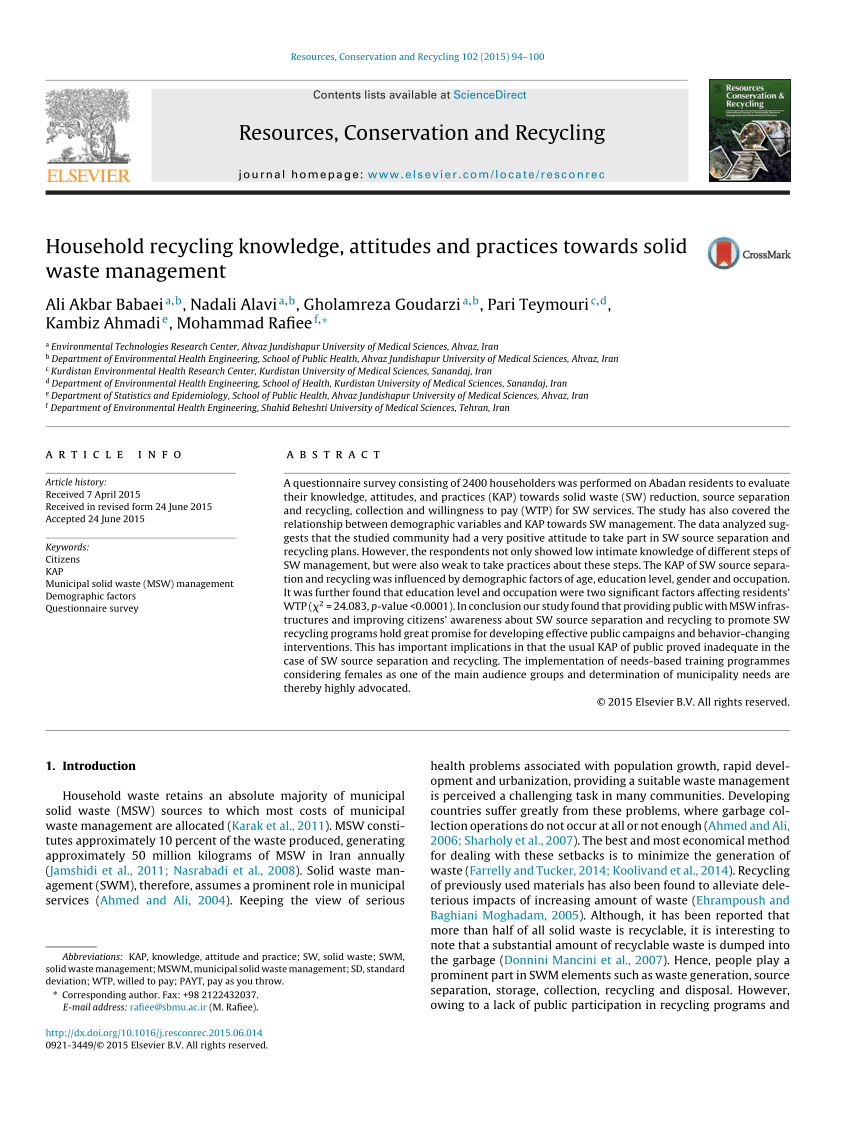 Pdf Household Recycling Knowledge Attitudes And Practices Towards Solid Waste Management