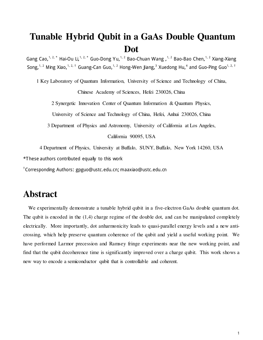 Pdf Tunable Hybrid Qubit In A Gaas Double Quantum Dot - 