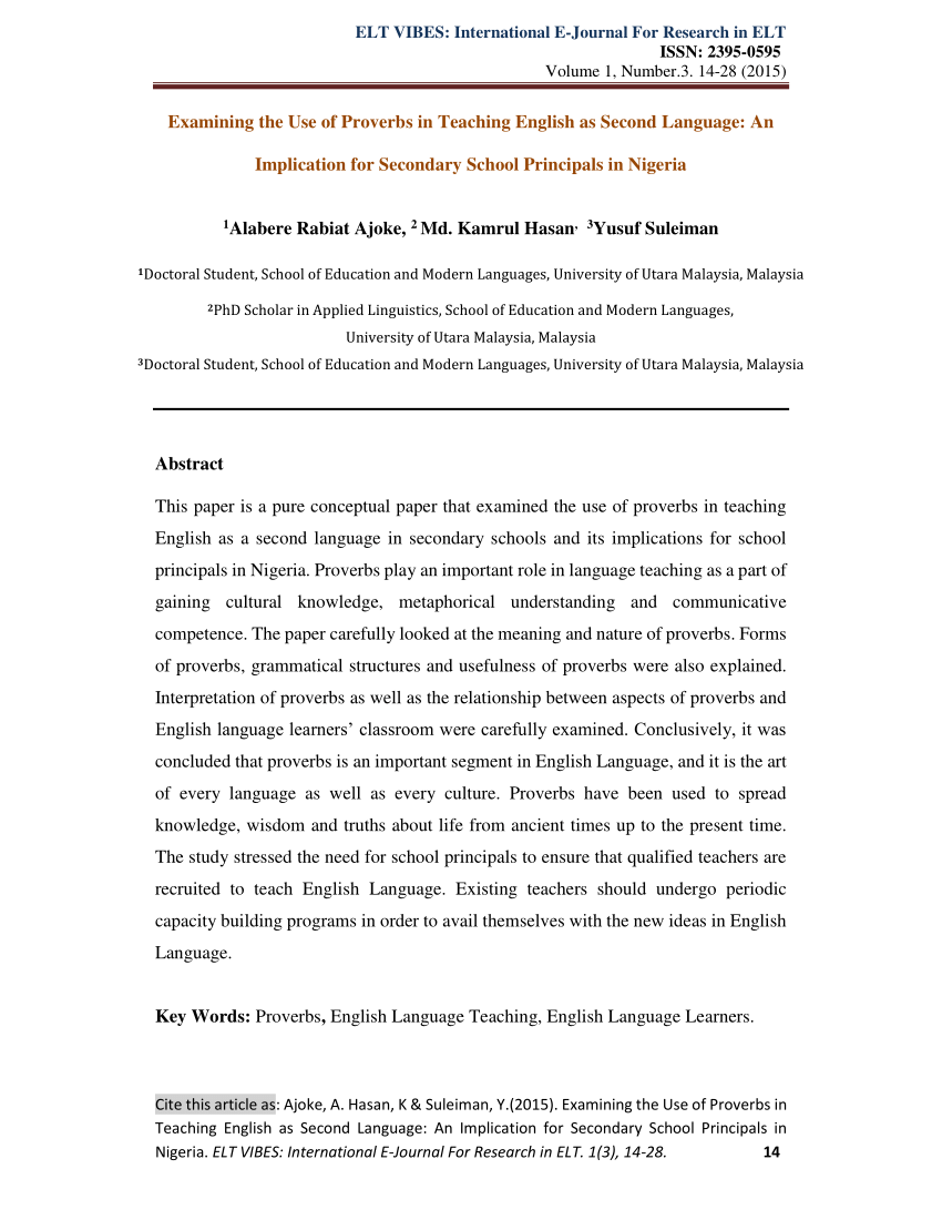 Pdf Examining The Use Of Proverbs In Teaching English As Second Language An Implication For Secondary School Principals In Nigeria