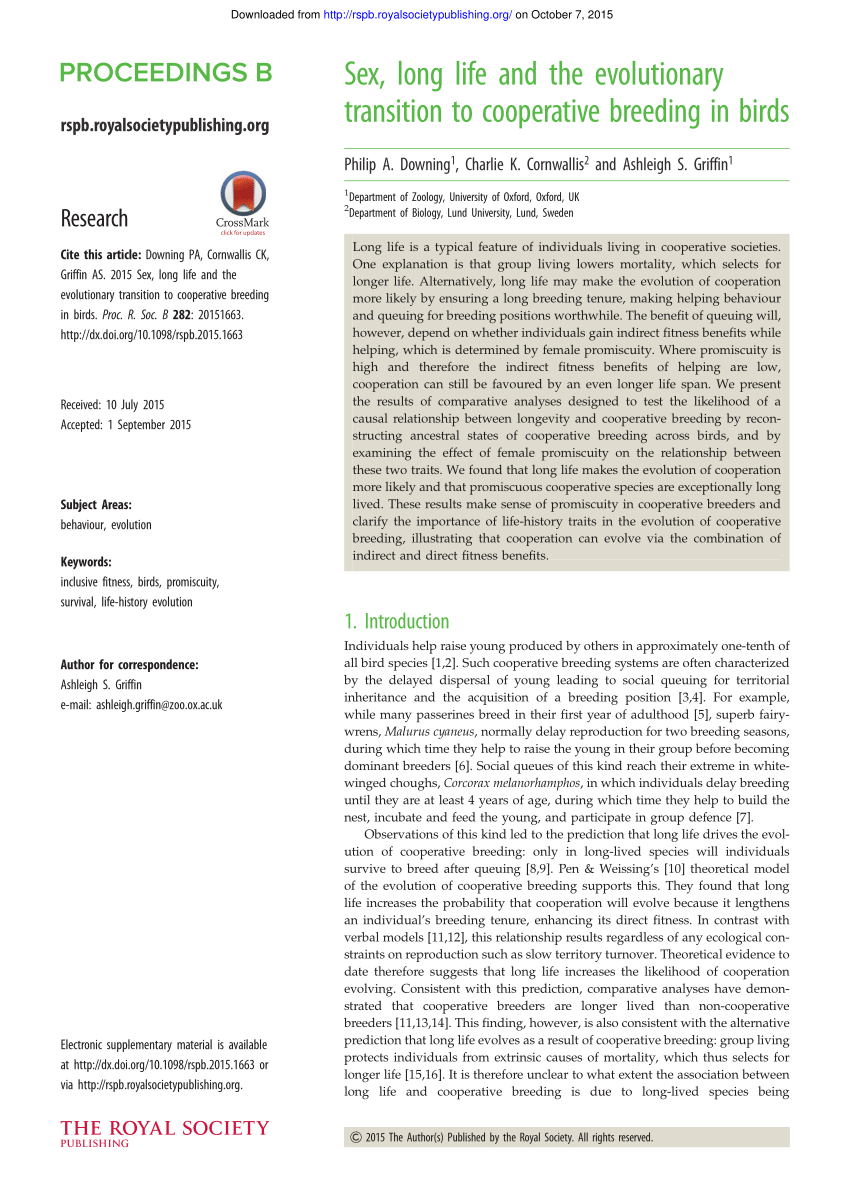 PDF) Sex, long life and the evolutionary transition to cooperative breeding  in birds