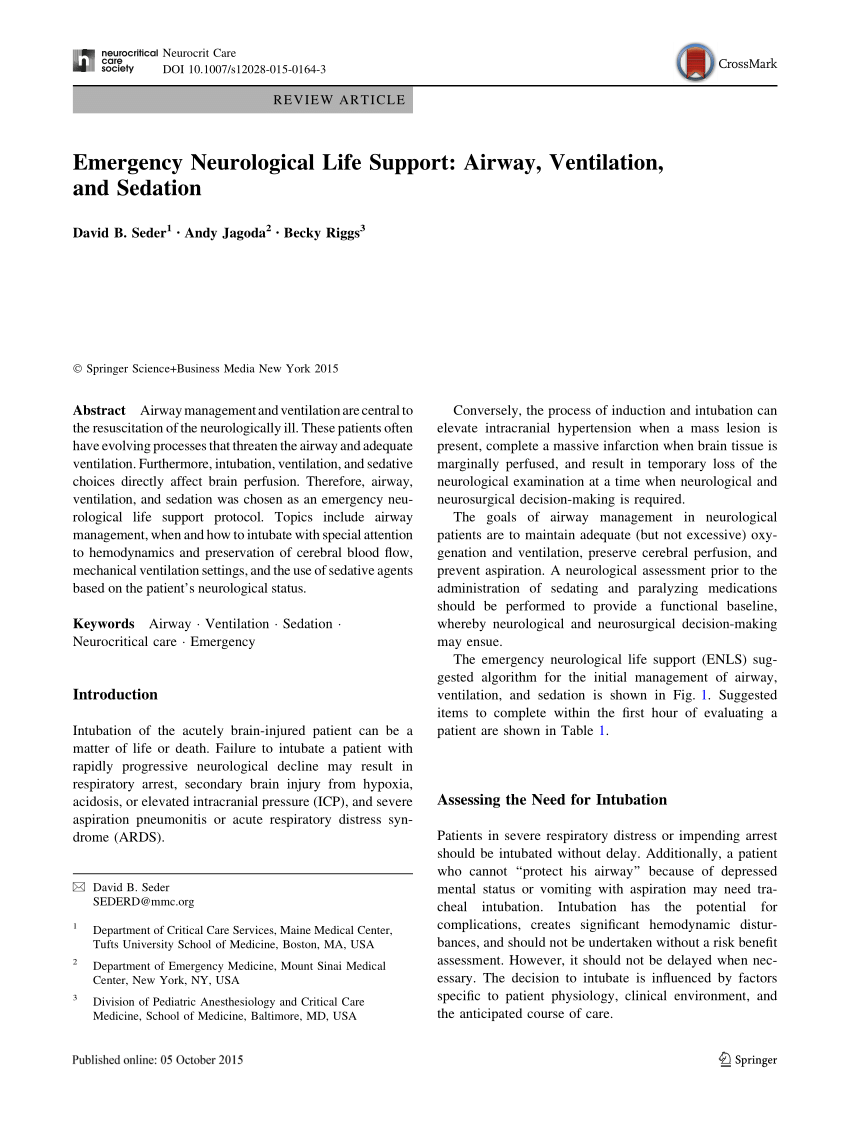 Pdf Emergency Neurological Life Support Airway Ventilation And Sedation