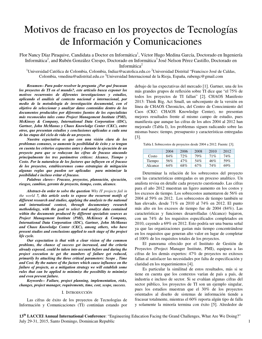 Pdf Motivos De Fracaso En Los Proyectos De Tecnologias De Informacion Y Comunicaciones